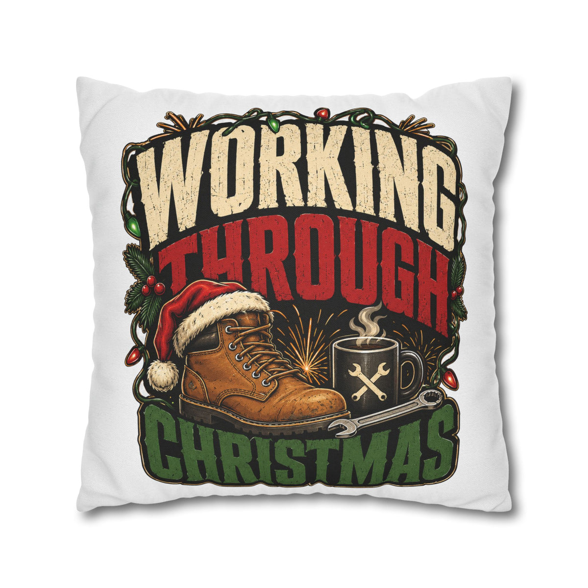 Christmas Work Boots Pillowcase Modern Day Christmas  – "Working Through Christmas" Holiday Throw Pillow Cover