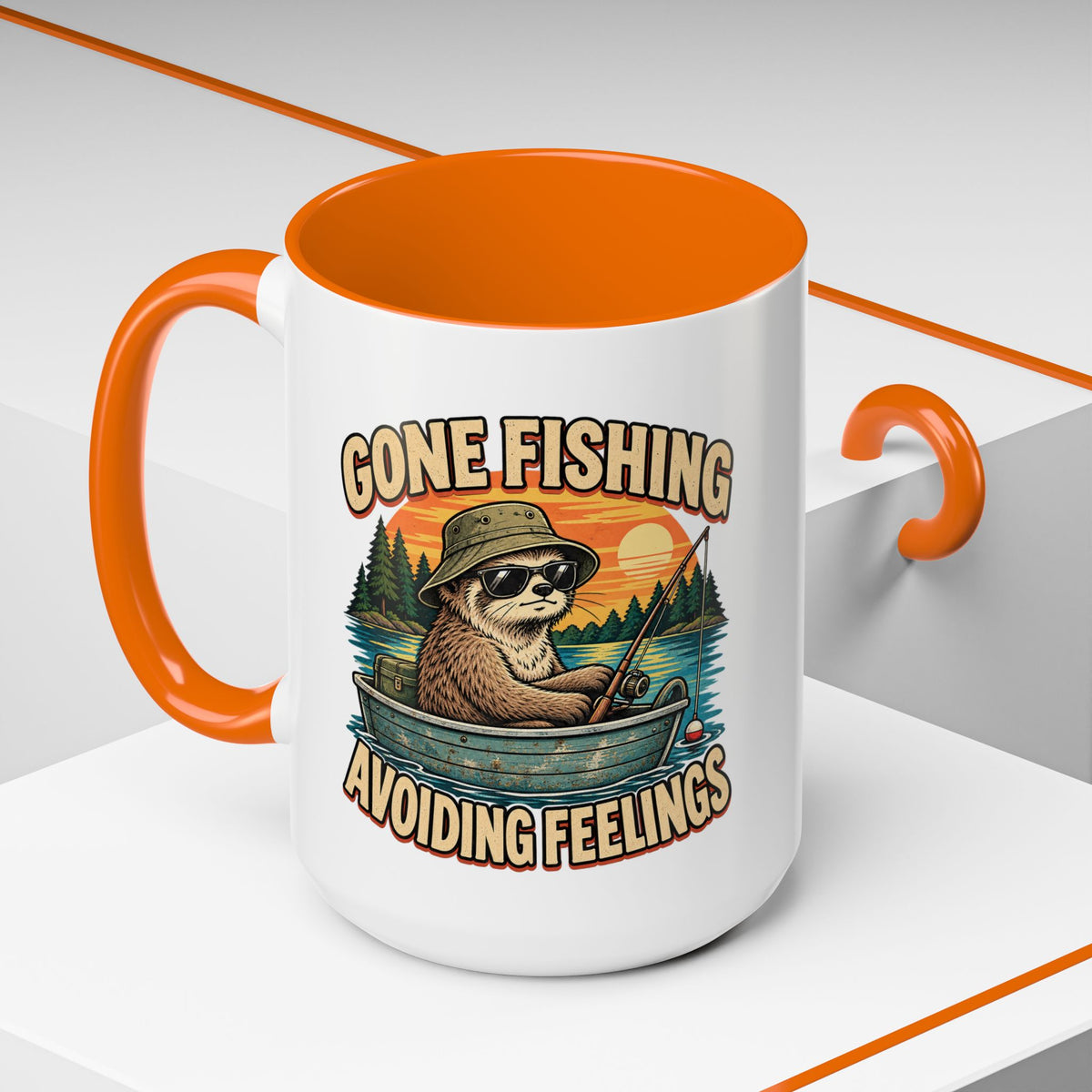 Funny And Witty "Gone Fishing Avoiding Feelings" Accent Coffee Mug (11, 15oz)
