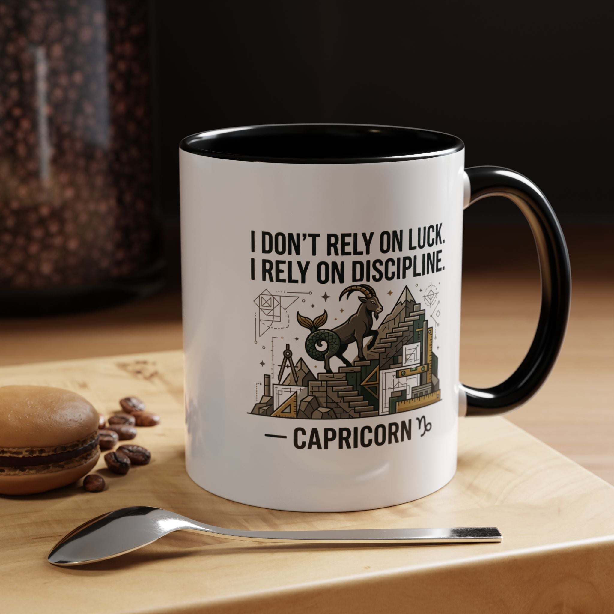 Capricorn Coffee Mug — “I Don’t Rely on Luck. I Rely on Discipline.” Accent Ceramic Mug