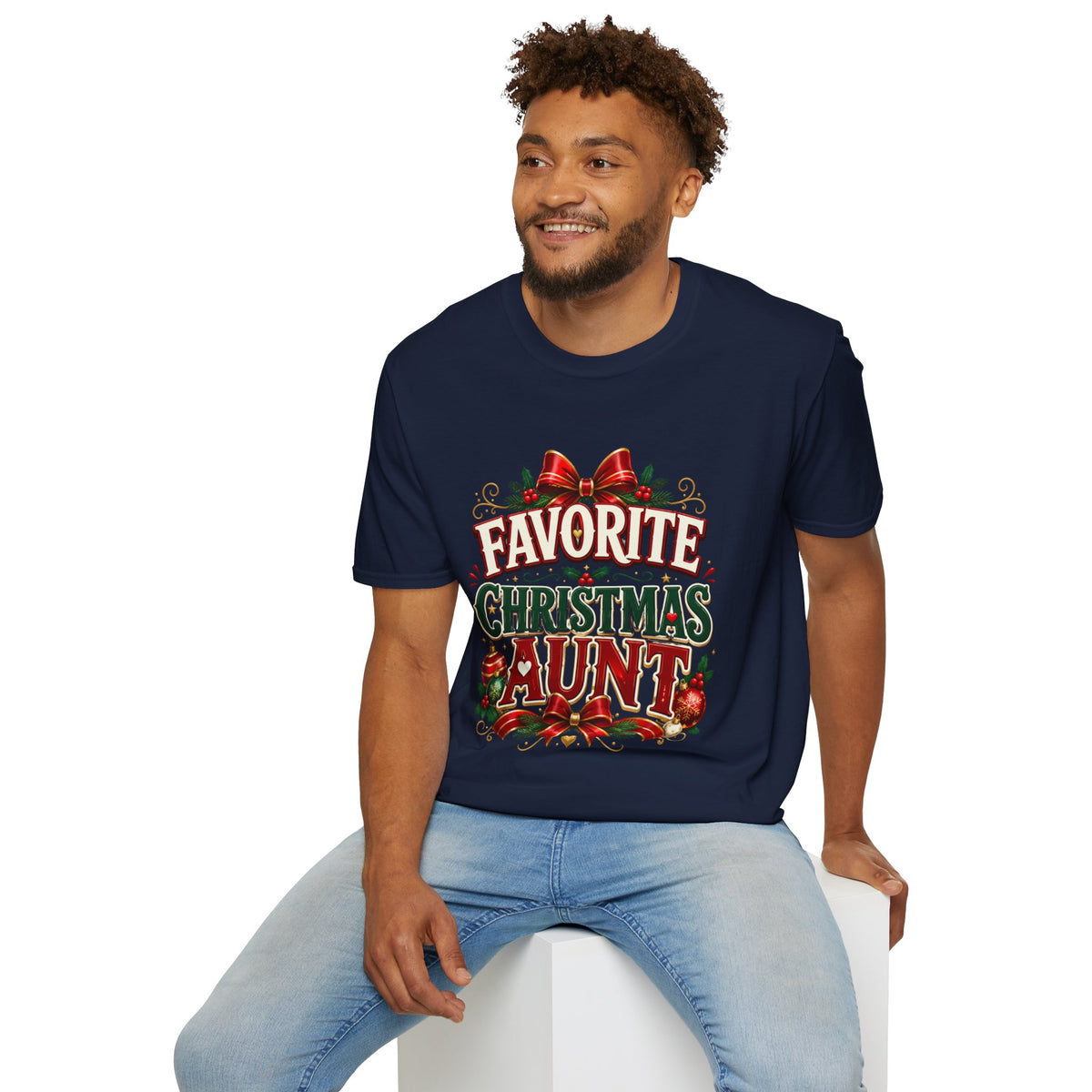Favorite Christmas Aunt T-Shirt — Festive Holiday Auntie Tee with Bow & Holly