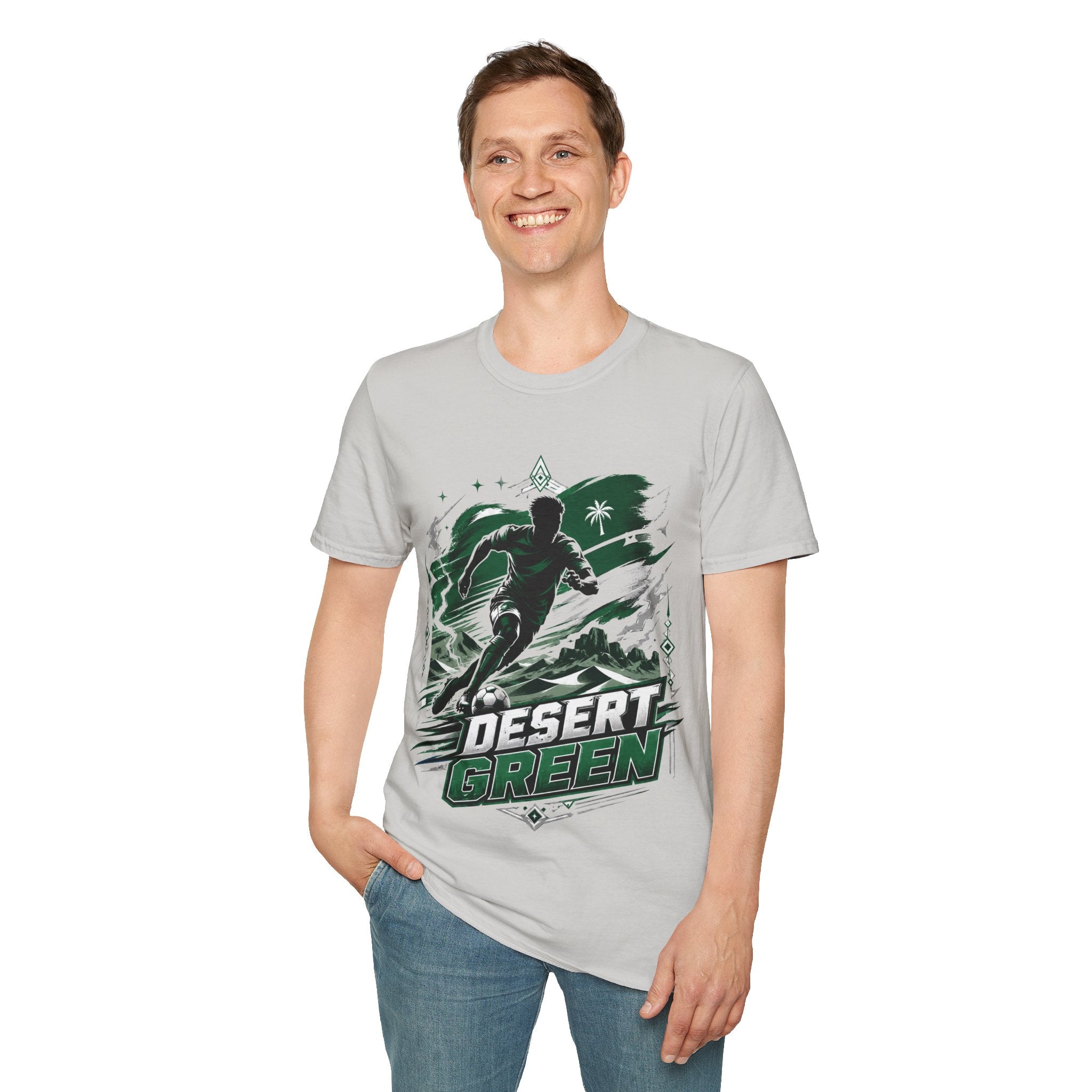 Saudi Arabia Desert Green Soccer T-Shirt — Silhouette Player Graphic