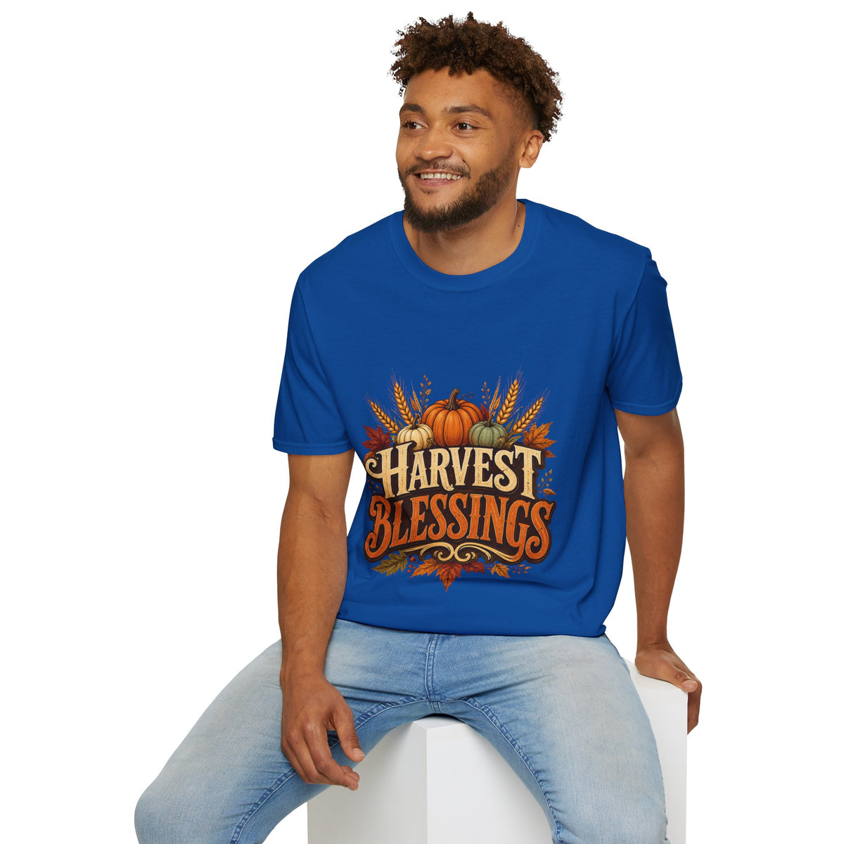 Thanksgiving T-Shirt Harvest Blessings T-Shirt — Fall Pumpkin & Wheat Autumn Tee