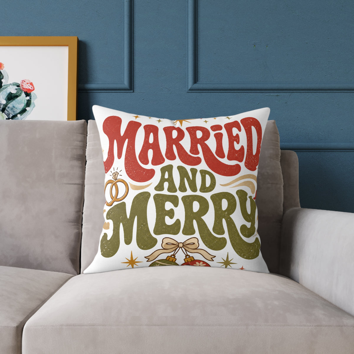 Christmas Married and Merry Holiday Pillow — Festive Wedding & Christmas Decorative Pillow