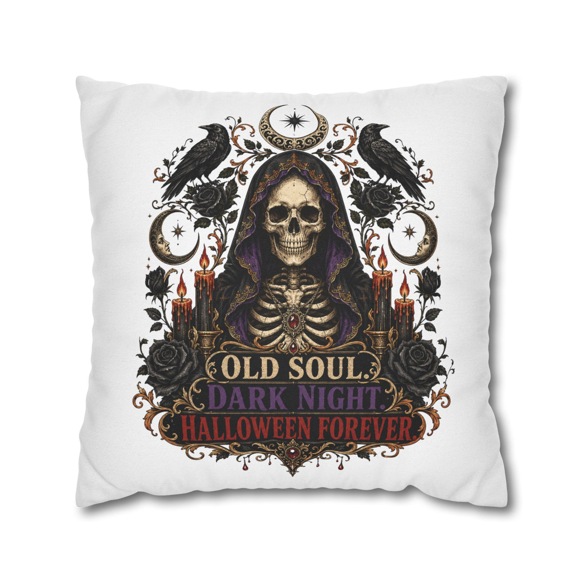 Halloween Skull Pillowcase — "Old Soul Dark Night" Spun Polyester Square Pillow