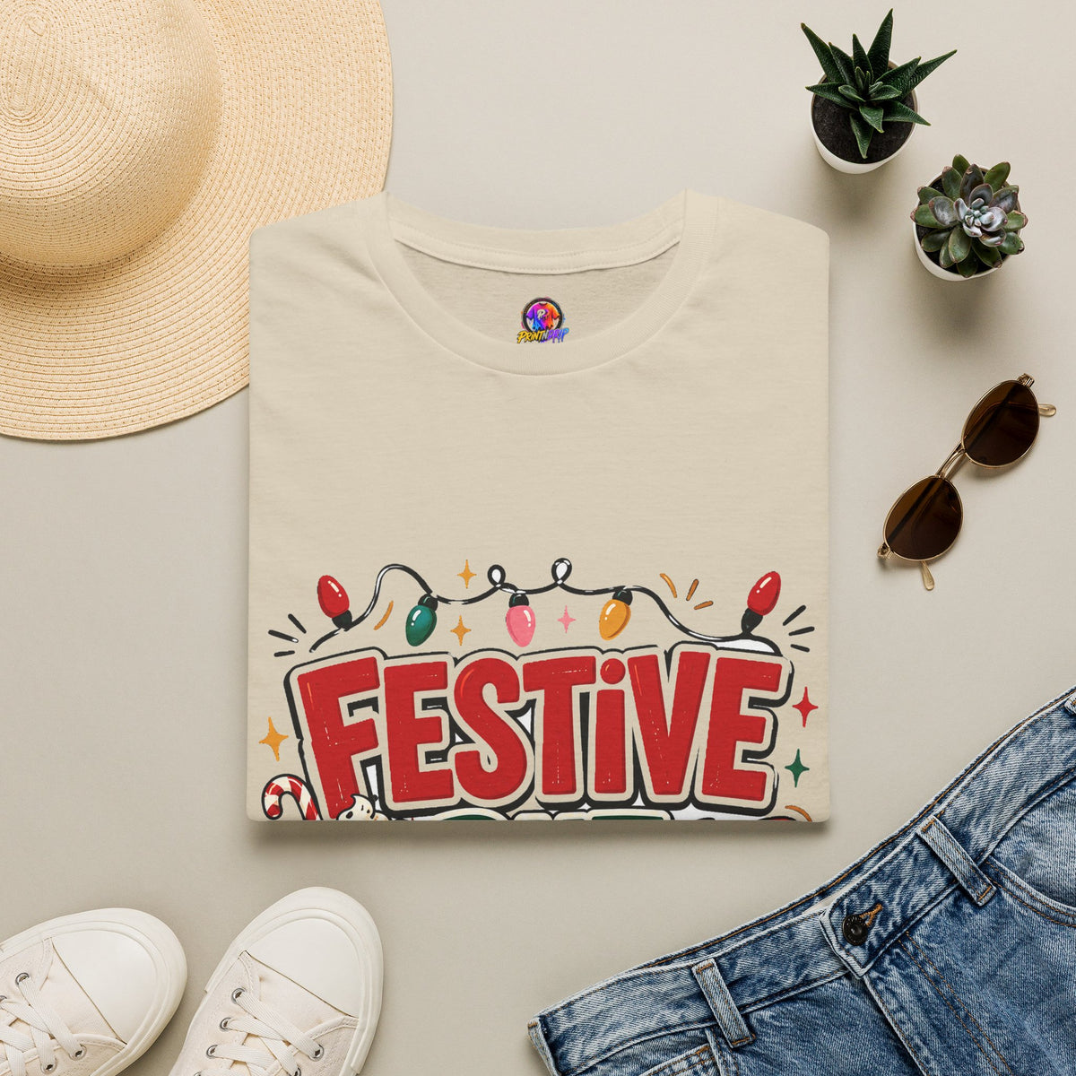 Festive But Tired T-Shirt — Holiday Christmas Crew Tee with Lights & Gingerbread