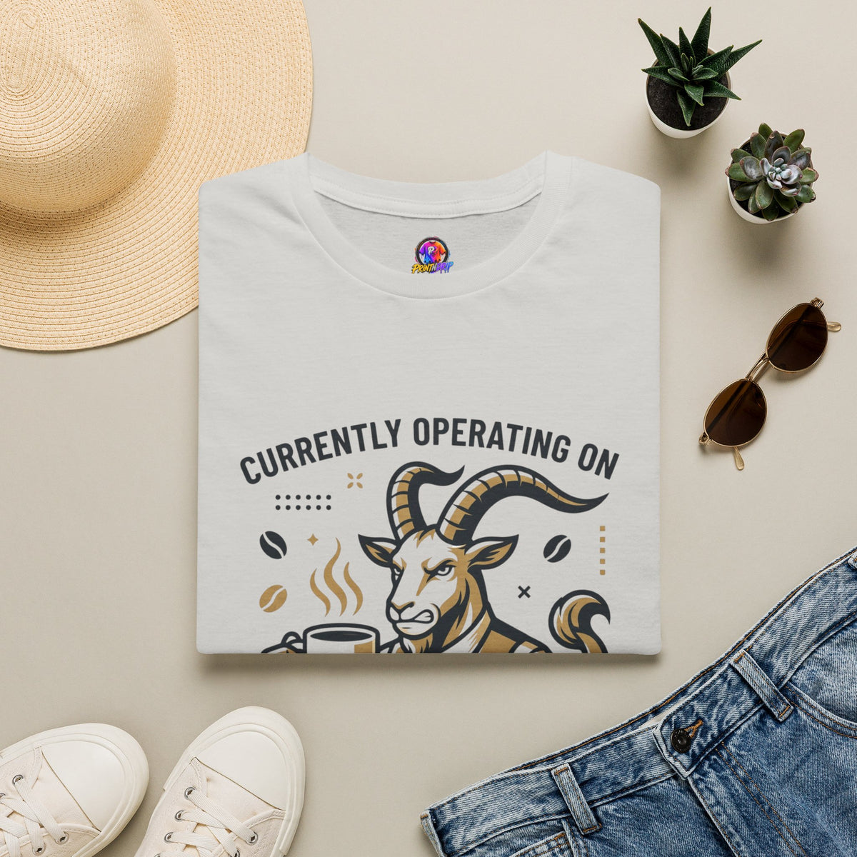 Capricorn T-Shirt — "Currently Operating on Caffeine and Spite" Zodiac Goat Tee