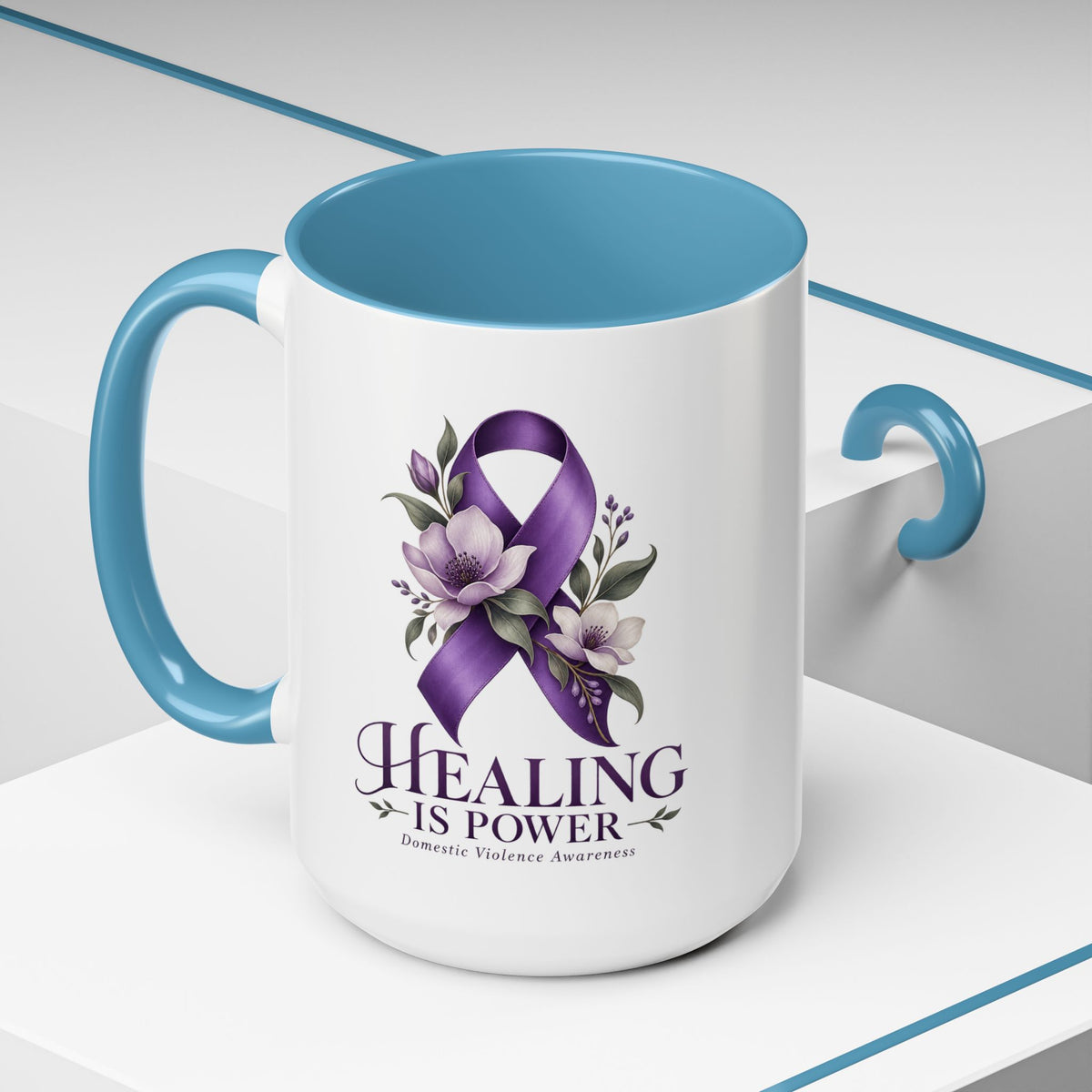 Healing Is Power Purple Ribbon Coffee Mug — Domestic Violence Awareness Accent Mug (11/15oz)