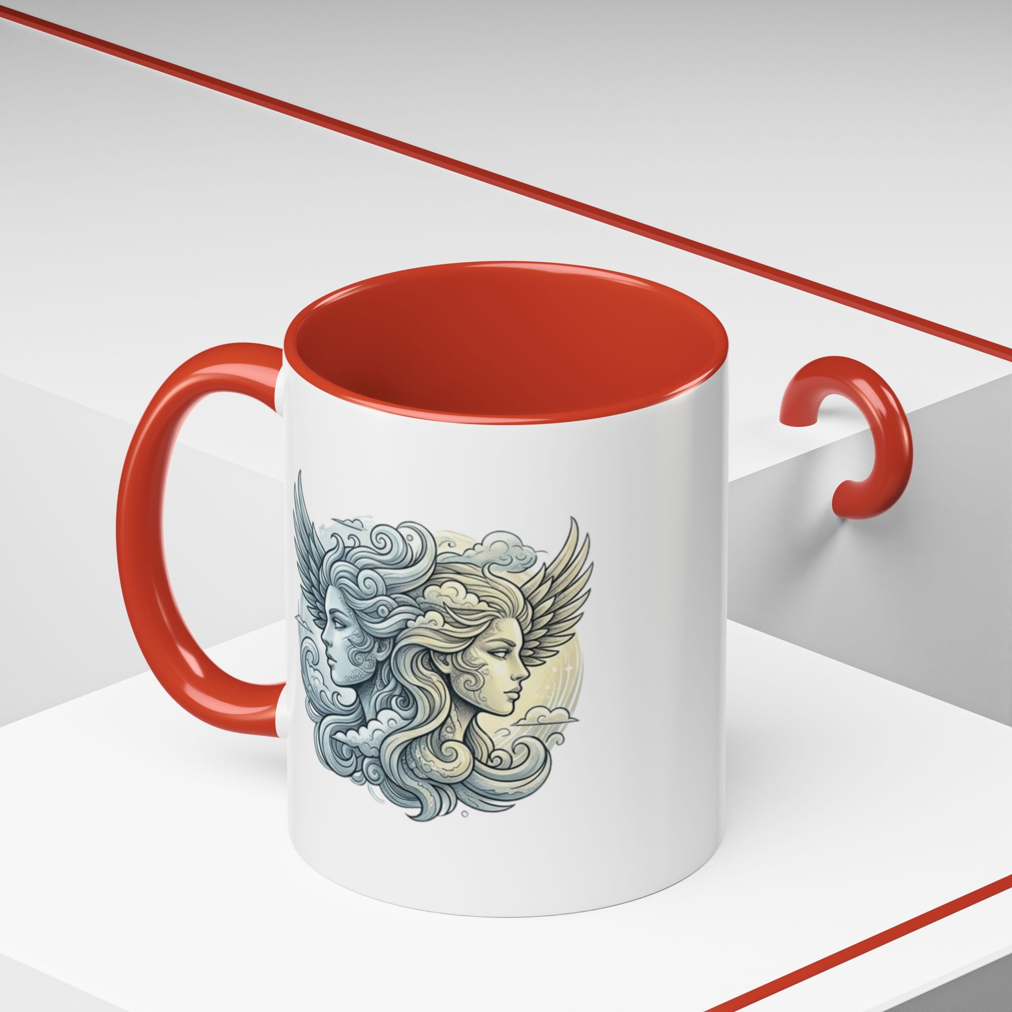 Gemini Twins Accent Coffee Mug — Sun & Moon Winged Faces Illustration