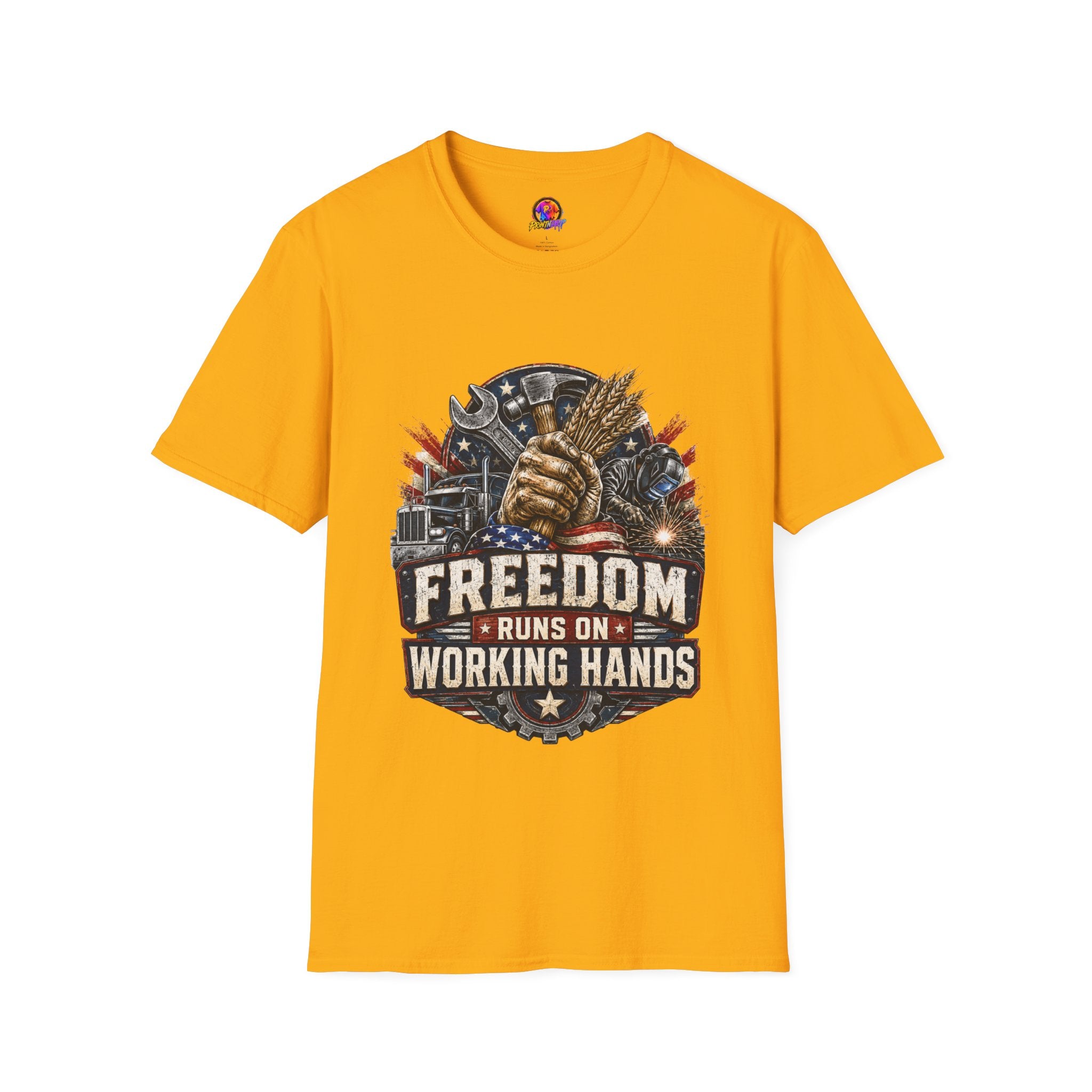 Freedom Runs on Working Hands T-Shirt — Patriotic Mechanic Tool & Wheat Design