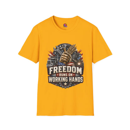 Freedom Runs on Working Hands T-Shirt — Patriotic Mechanic Tool & Wheat Design