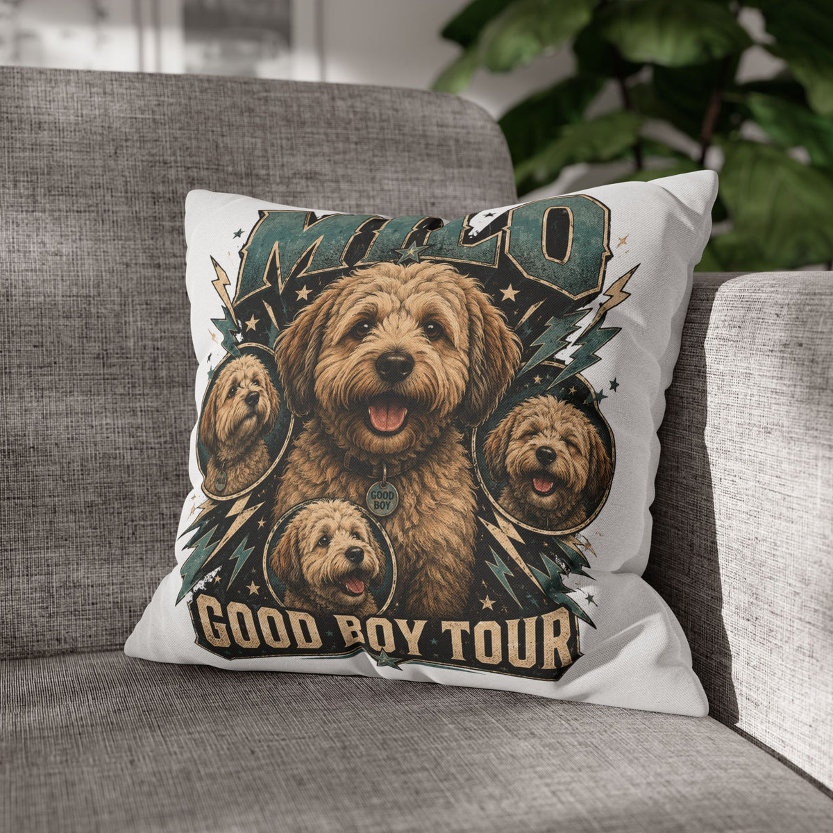 Milo "Good Boy Tour" Decorative Pillowcase — Cute Dog Portrait Square Throw Pillowcase Milo Bailey Dog Dad Mom