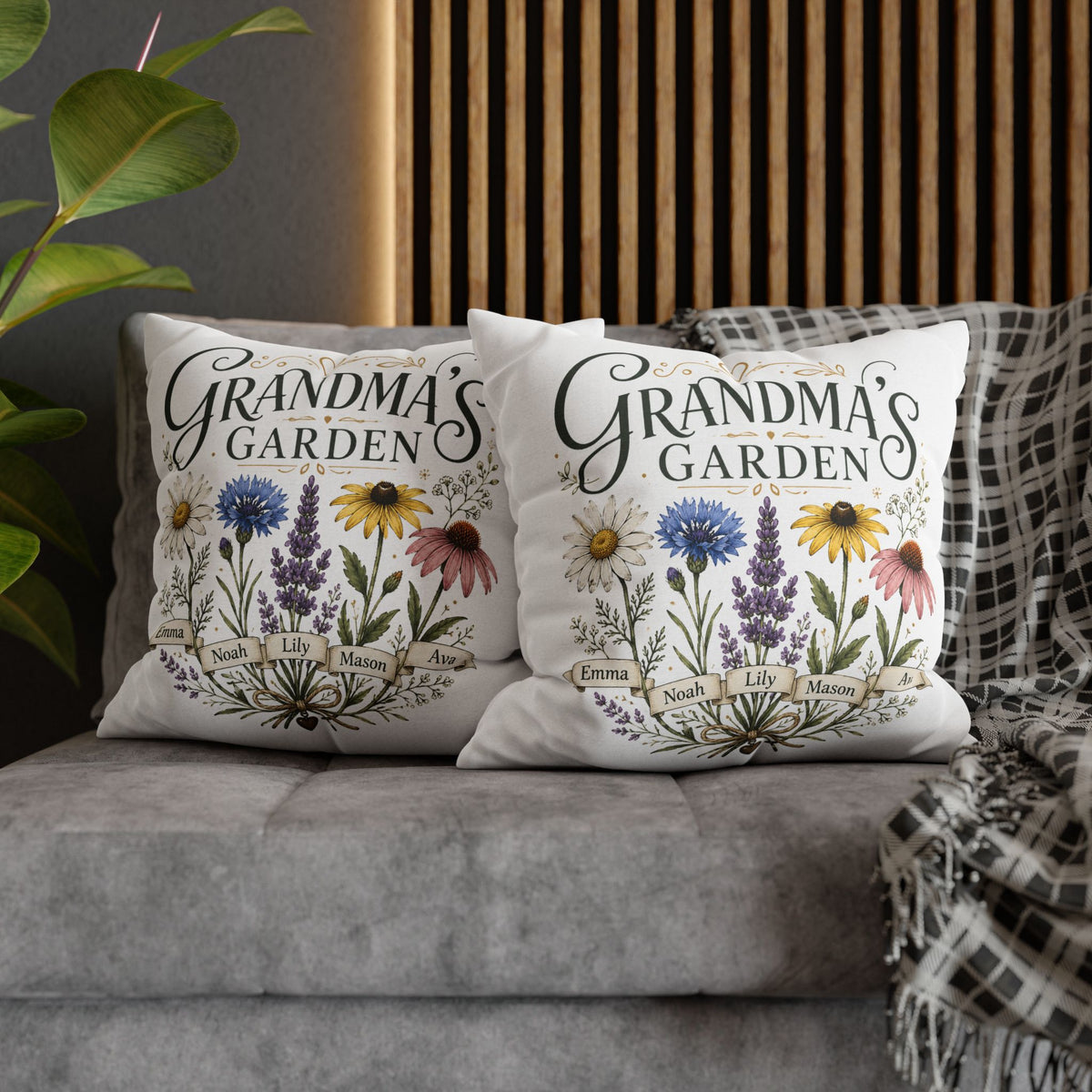 Grandma’s Garden Floral Pillowcase Milo Bailey Dog Dad Mom — Personalized Names Decorative Throw Pillow