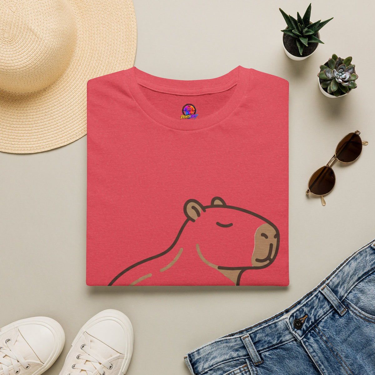 Cute Relaxed Capybara T-Shirt — Minimal Cartoon Capybara Graphic Tee