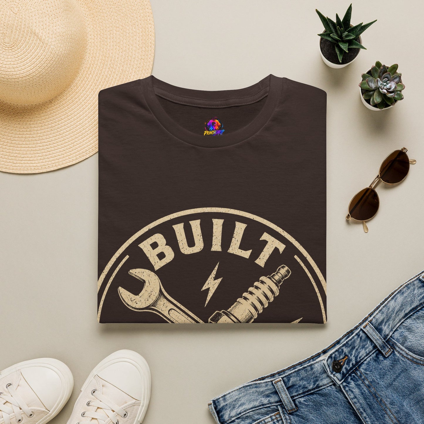 Built Not Bought T-Shirt — Vintage Mechanic Wrench & Spark Plug Design