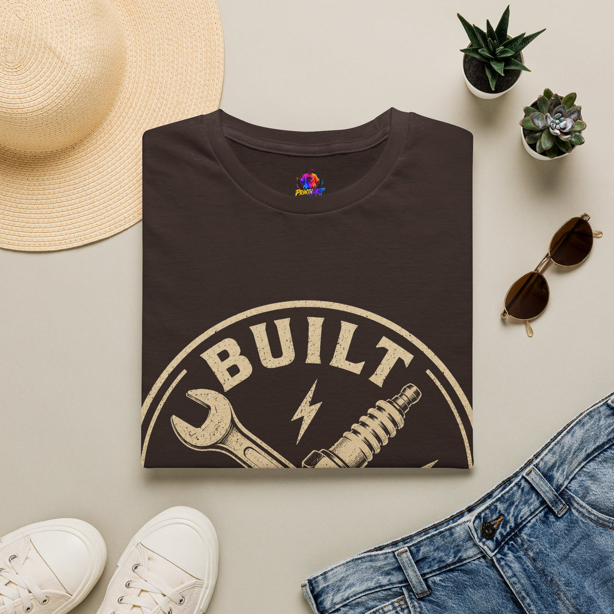 Built Not Bought T-Shirt — Vintage Mechanic Wrench & Spark Plug Design