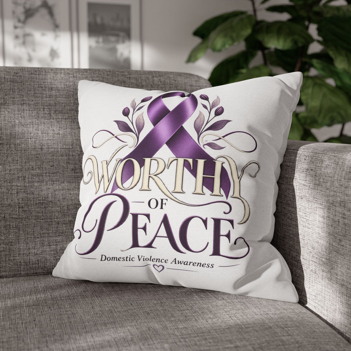 Worthy of Peace Purple Ribbon Pillowcase — Domestic Violence Awareness Throw Pillow