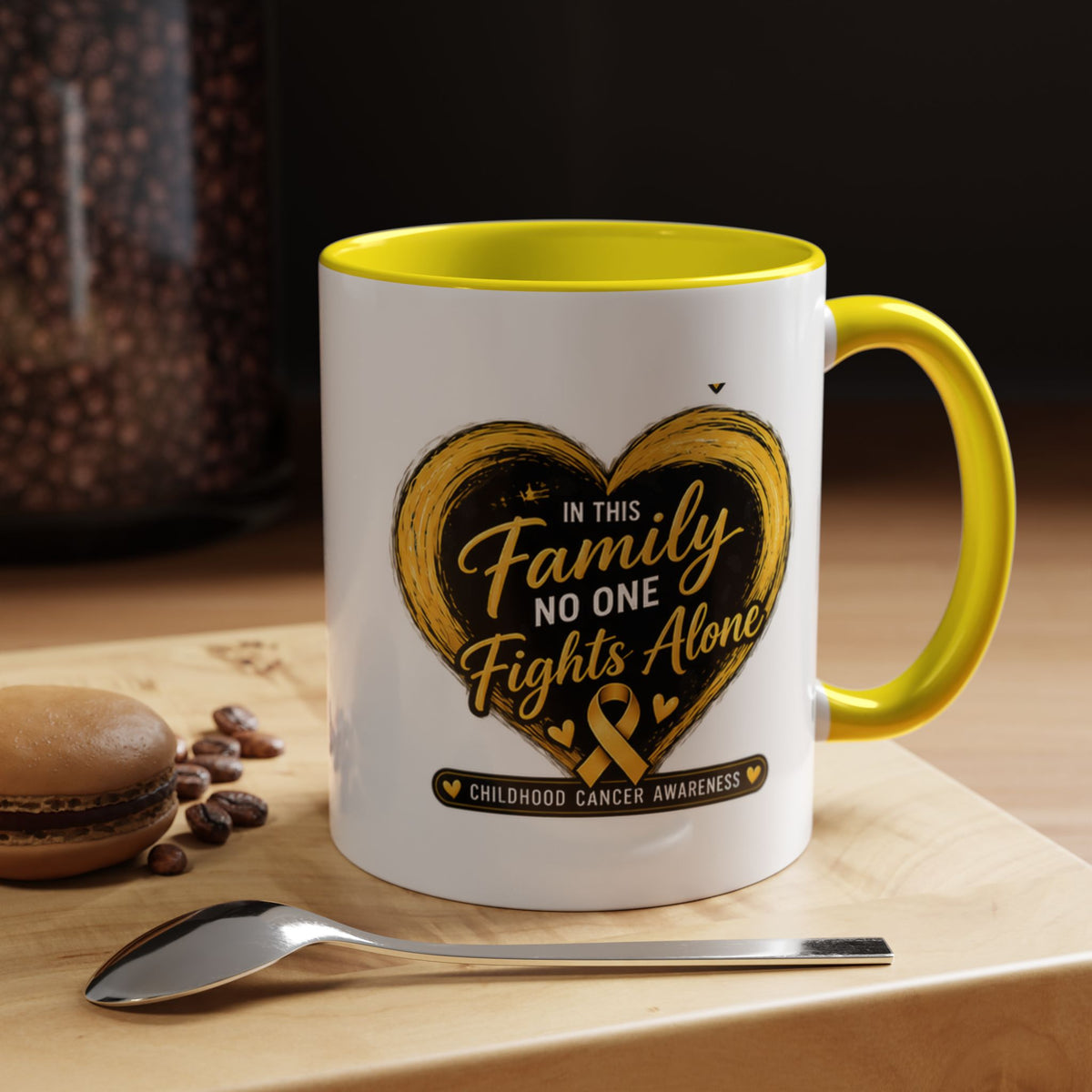 Childhood Cancer Awareness Accent Coffee Mug — "In This Family No One Fights Alone"