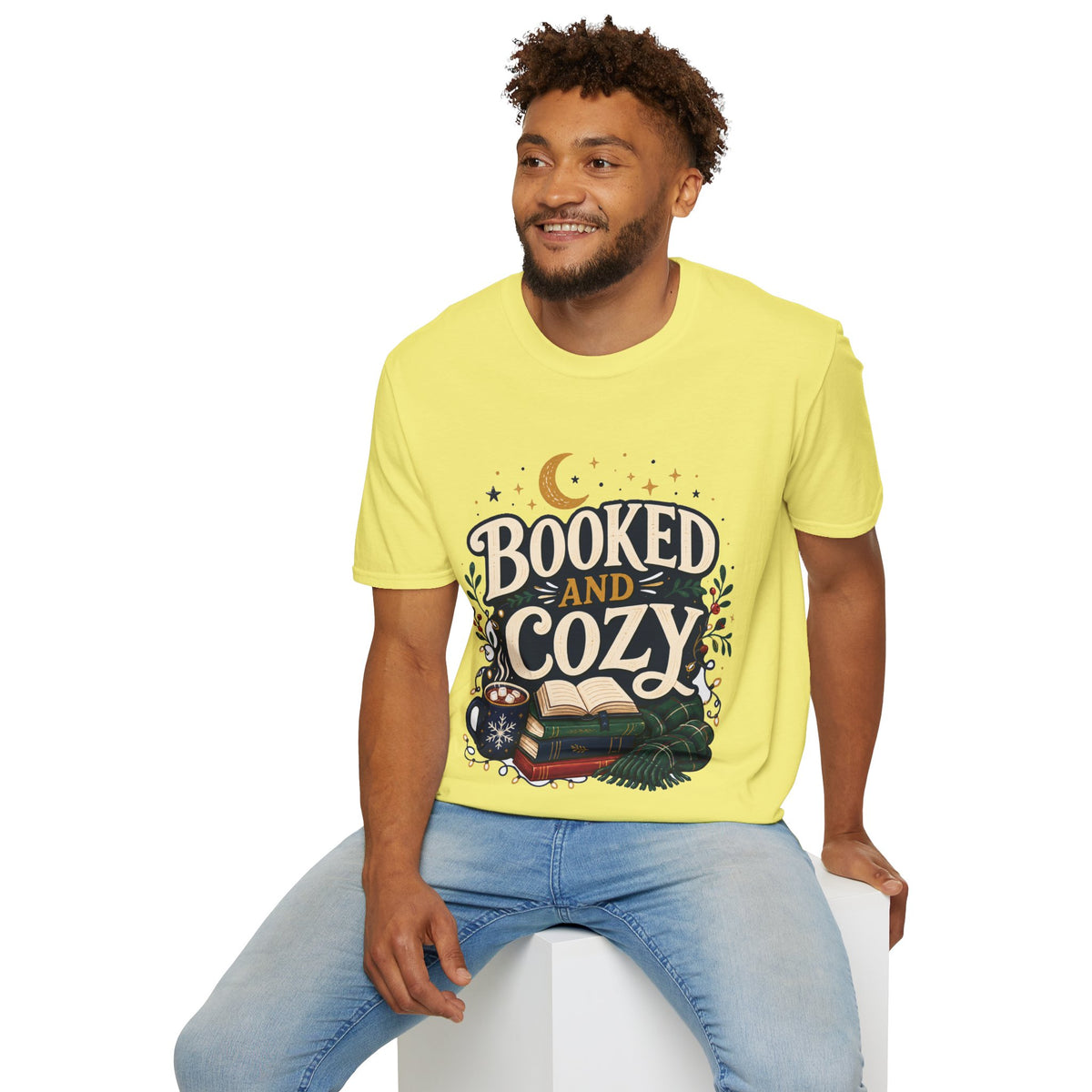 Booked and Cozy T-Shirt — Cozy Reading Graphic Tee (Books, Moon & Stars)