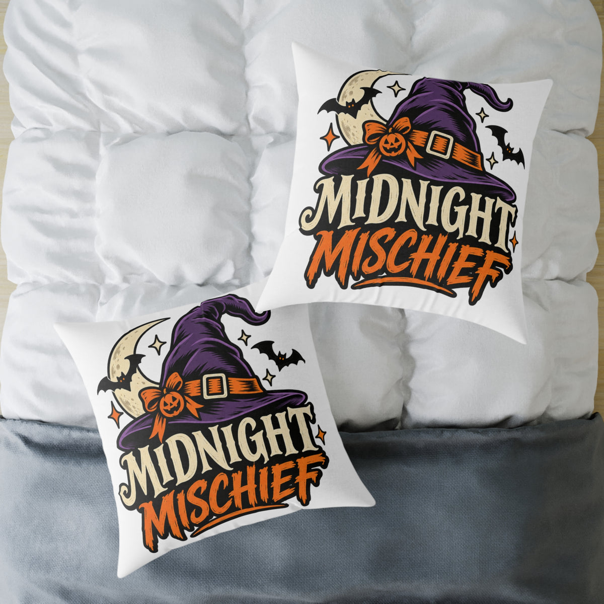 Midnight Mischief Halloween Pillow – Witch Hat & Bats Decorative Throw Pillow