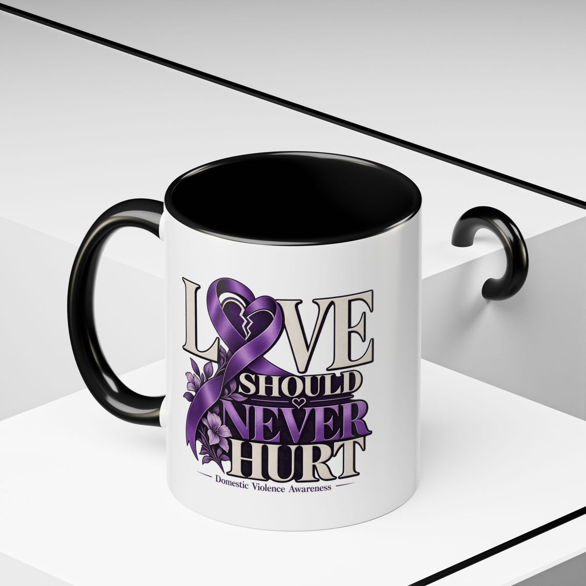 Domestic Violence Awareness Accent Coffee Mug – "Love Should Never Hurt" (11/15oz)