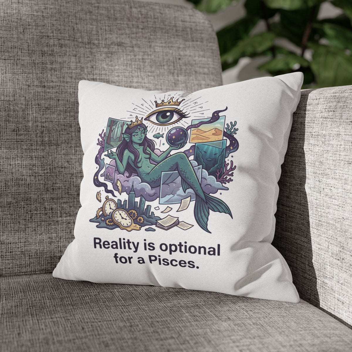 Pisces Mermaid Pillowcase — "Reality Is Optional for a Pisces" Decorative Throw Pillow