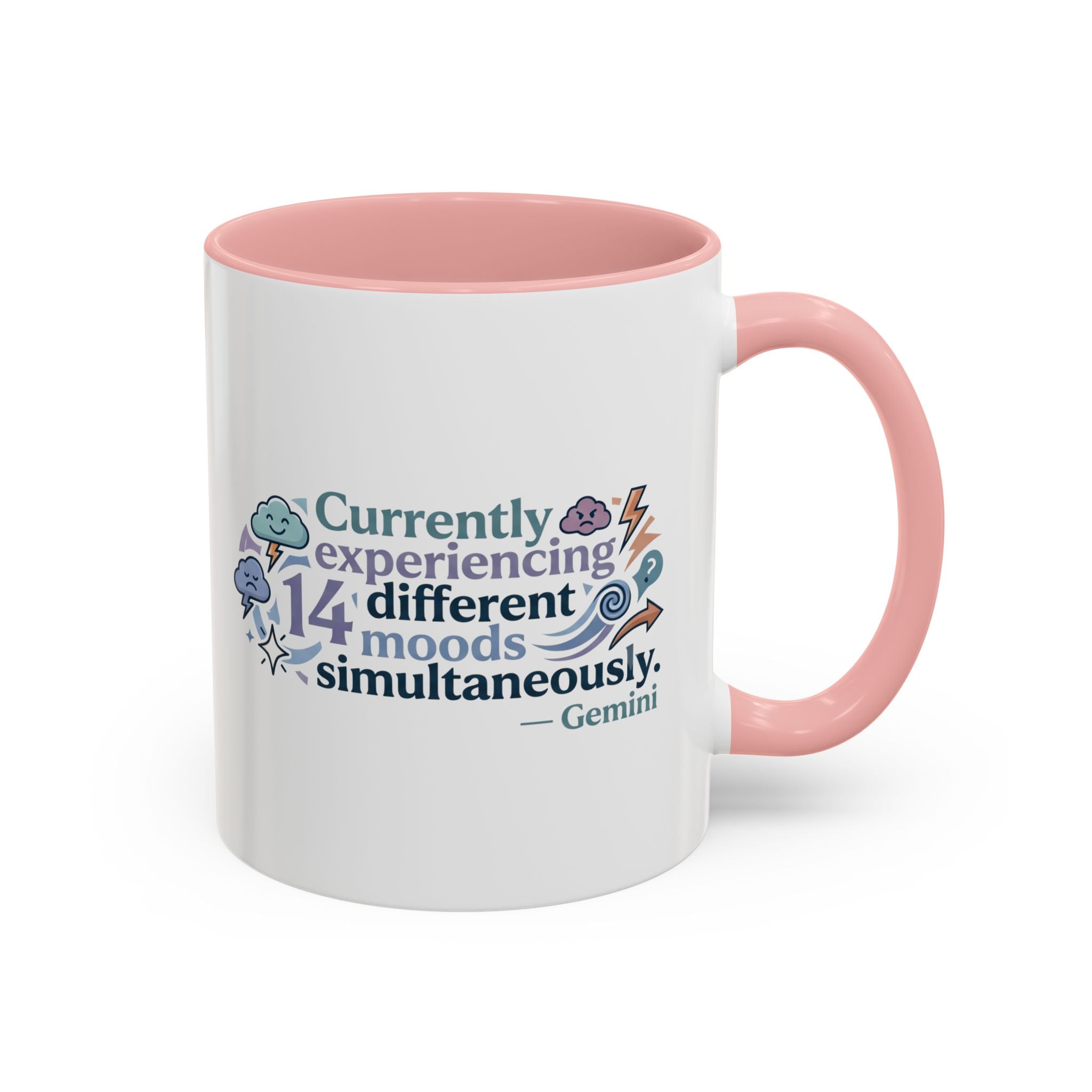 Gemini Mood Coffee Mug — "Currently Experiencing 14 Different Moods" Accent Ceramic Mug