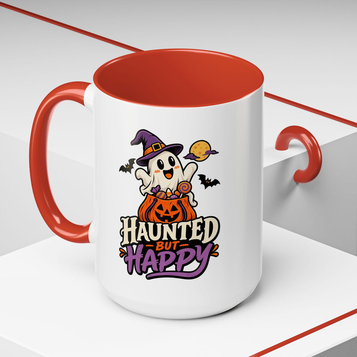 Haunted But Happy Coffee Mug — Halloween Ghost Pumpkin Accent Mug (11/15oz)