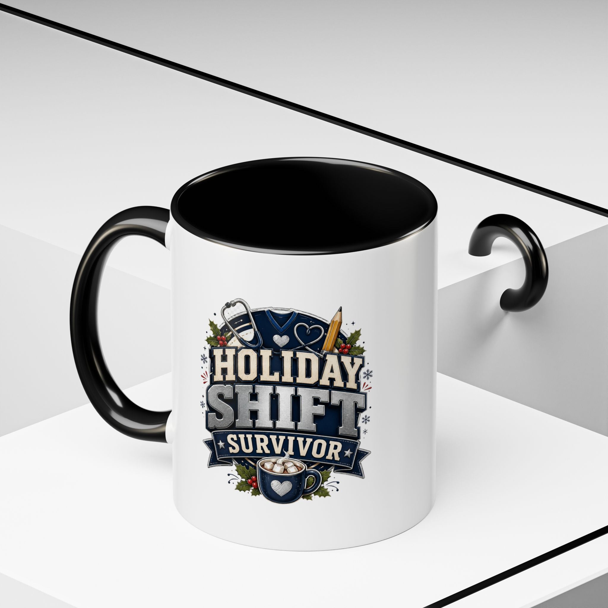 Modern Day Christmas Holiday Shift Survivor Accent Coffee Mug – Nurse & Healthcare Worker Gift