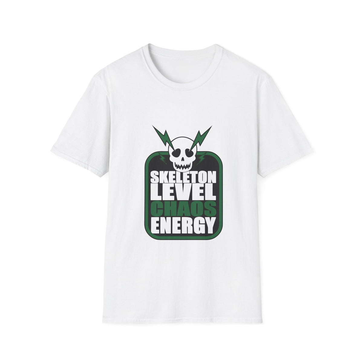 Skeleton Level Chaos Energy Green Badge T-Shirt - Edgy Alt Streetwear Graphic Tee - Trending Now - September 2026