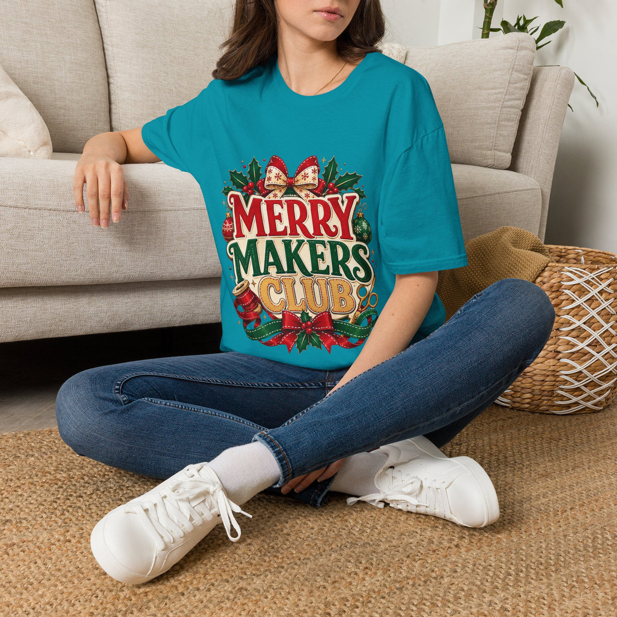Merry Makers Club T-Shirt — Festive Christmas Holiday Tee with Holly & Bow