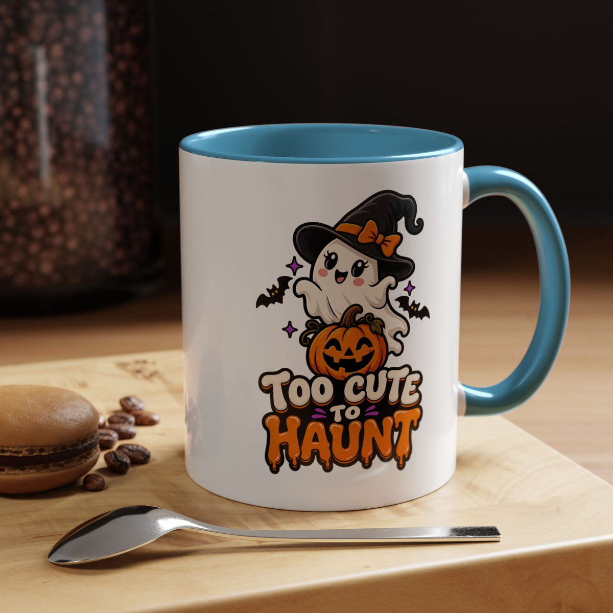 Halloween Coffee Mug - 'Too Cute to Haunt' Ghost Pumpkin Accent Mug