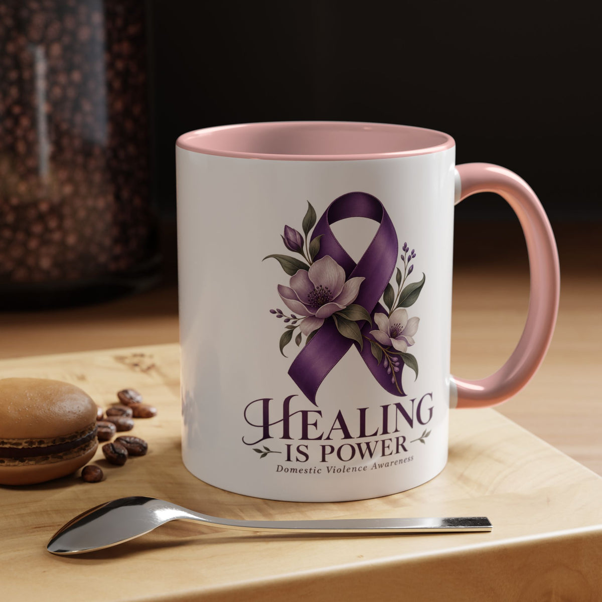 Healing Is Power Purple Ribbon Coffee Mug — Domestic Violence Awareness Accent Mug (11/15oz)
