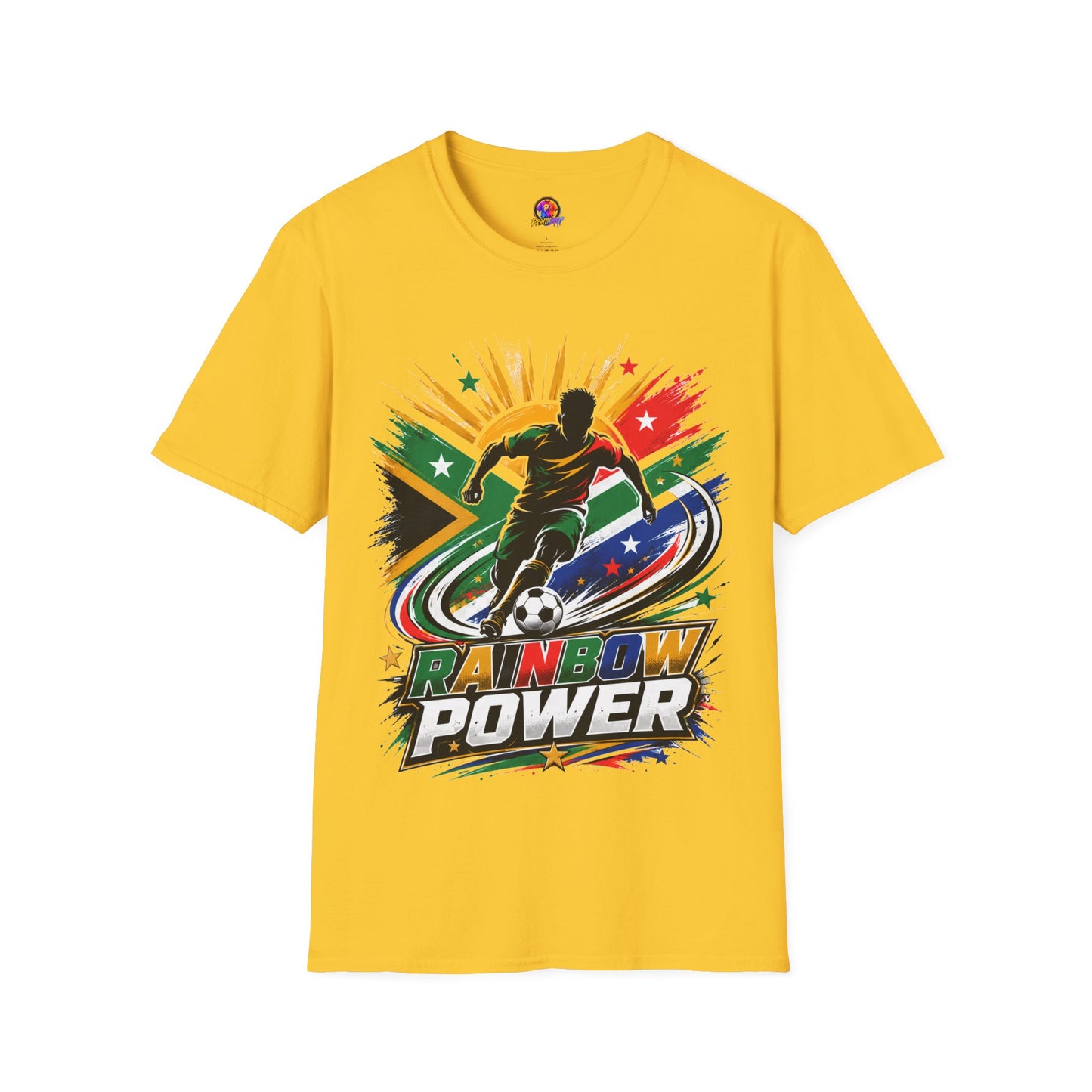 South Africa Soccer Rainbow Power T-Shirt — Colorful Football Player Graphic Tee