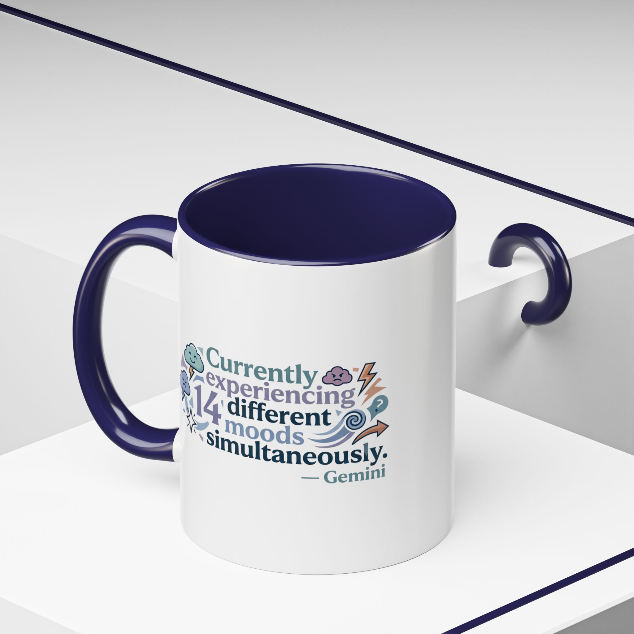 Gemini Mood Coffee Mug — "Currently Experiencing 14 Different Moods" Accent Ceramic Mug