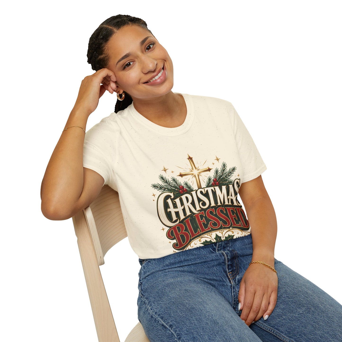 Christmas Blessed T-Shirt — Faith-Based Holiday Tee with Cross & Pine Design