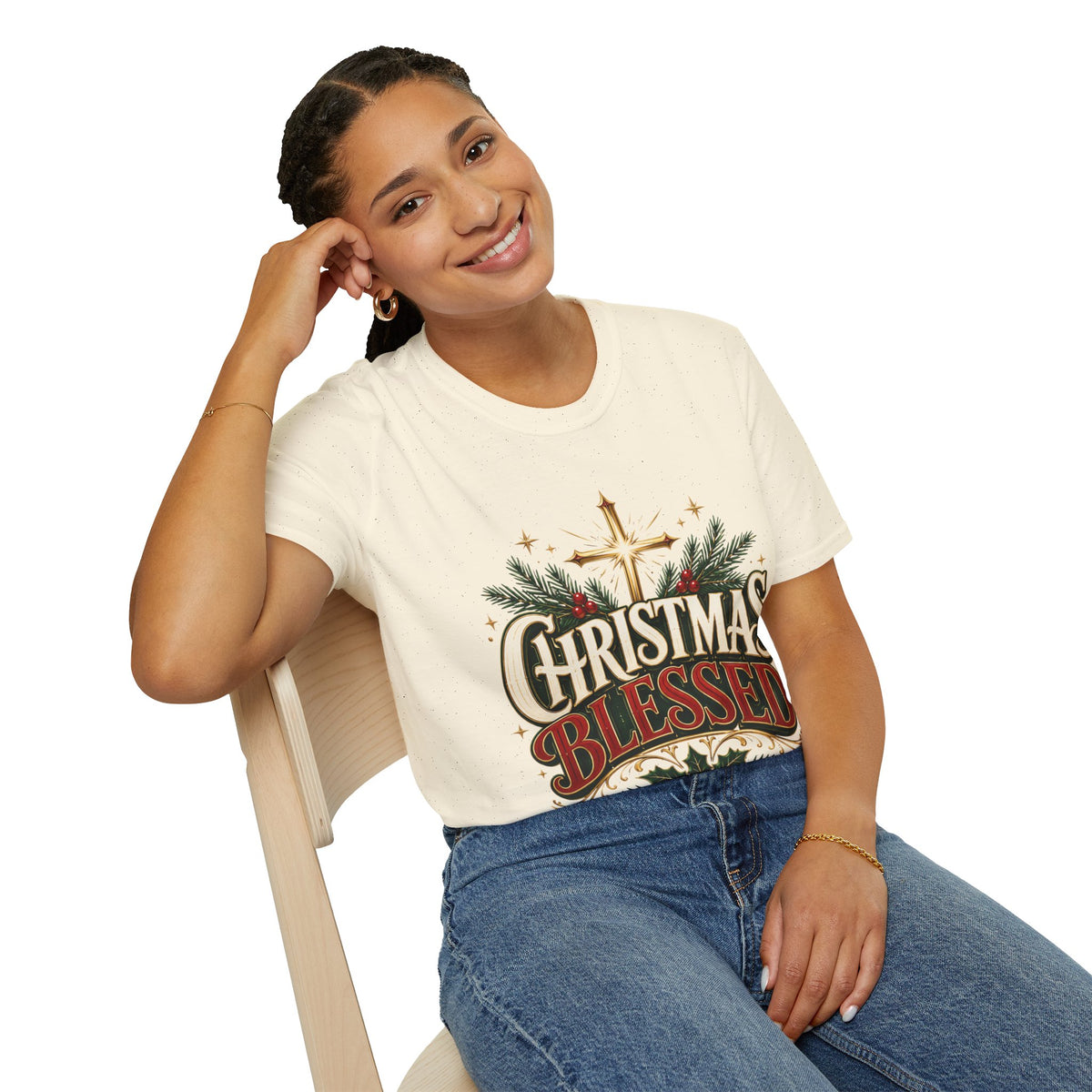 Christmas Blessed T-Shirt — Faith-Based Holiday Tee with Cross & Pine Design