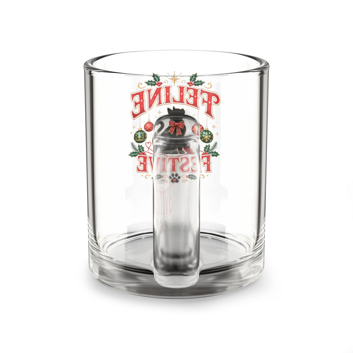 Christmas Glass Mug 10 oz Glass Mug - "Feline Festive" Holiday Cat Christmas Coffee Cup, 10oz