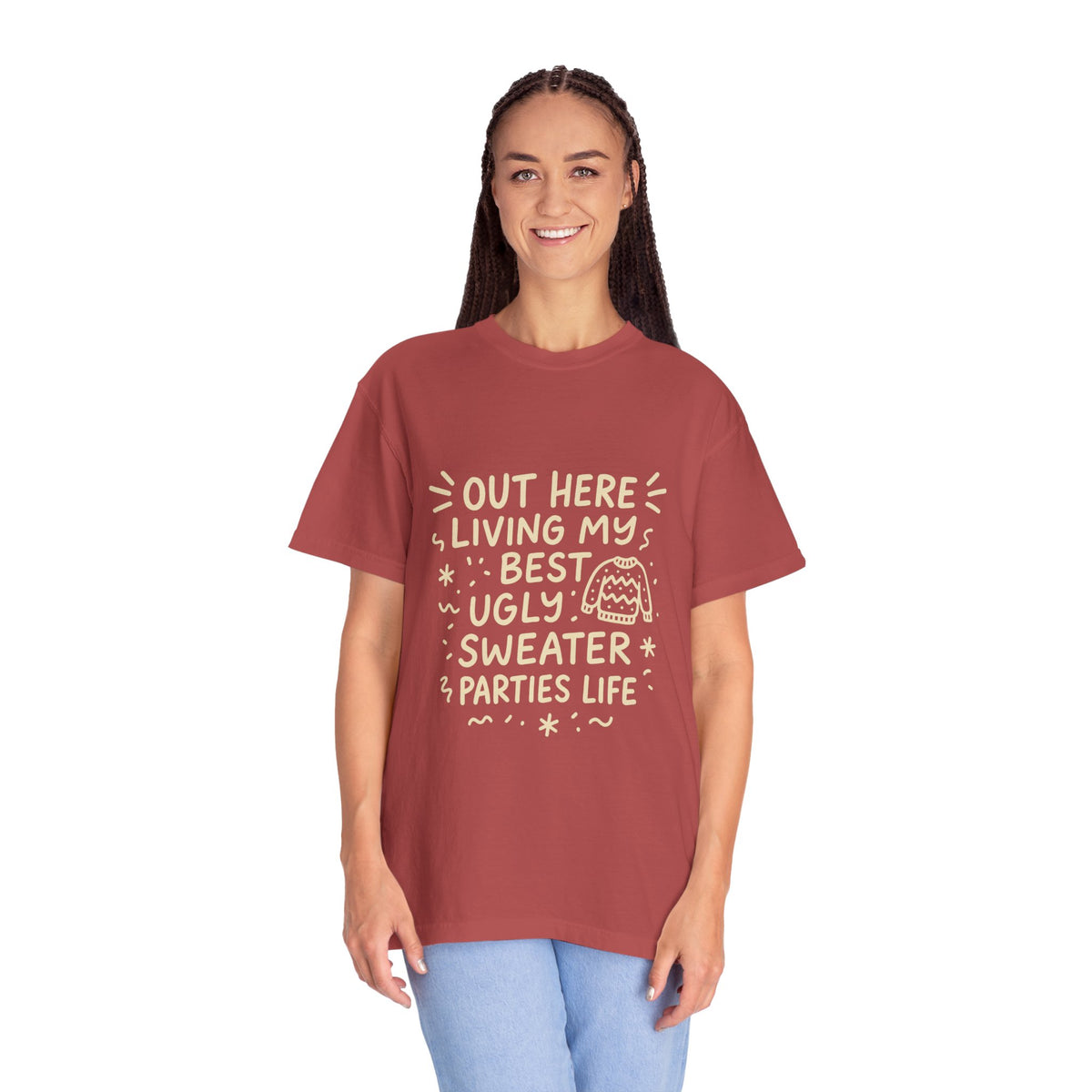 Out Here Living My Best Ugly Sweater Parties Life T-Shirt - Trending Now - October 2026