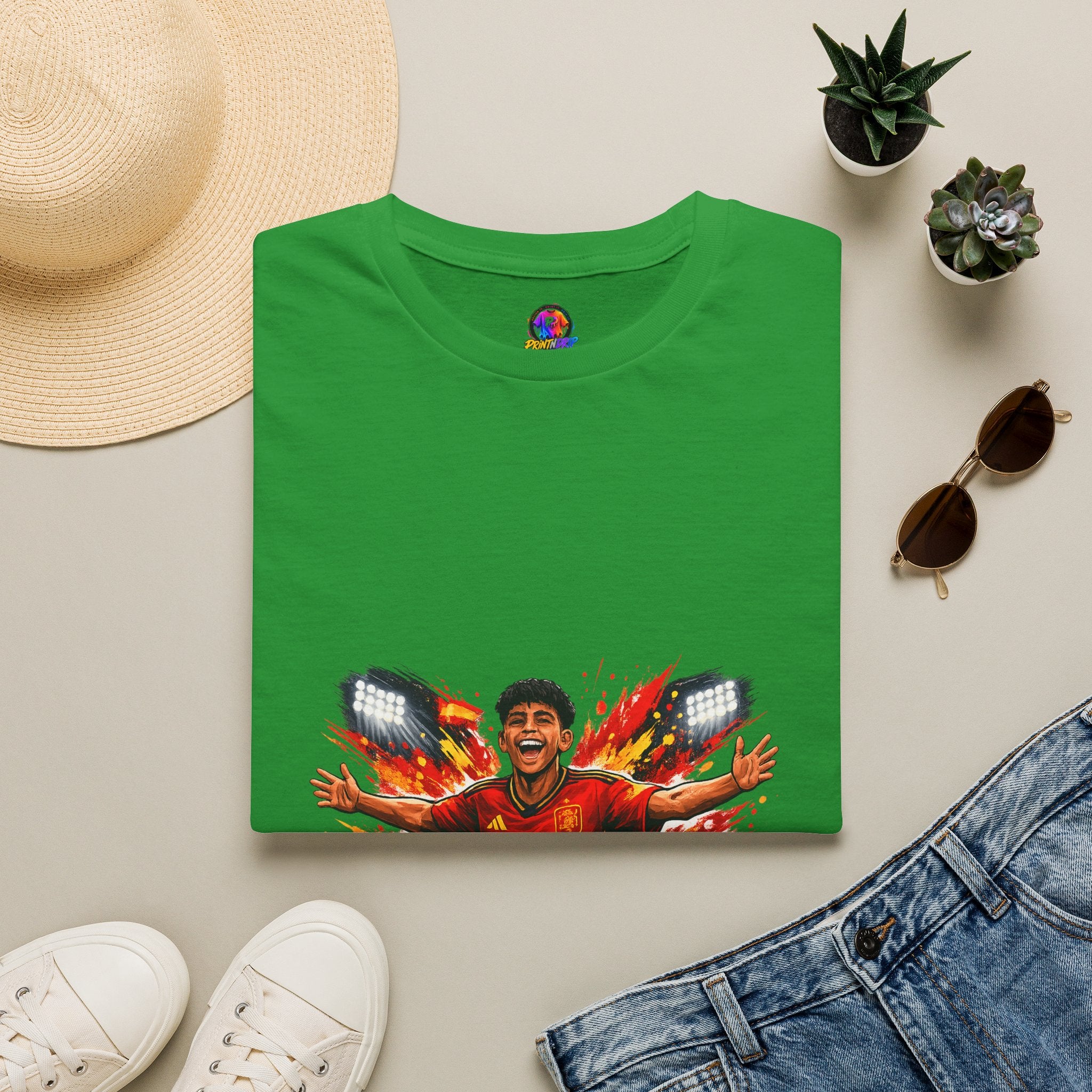 Spain Soccer Fan Portrait T‑Shirt – Fiery Goal Celebration Design