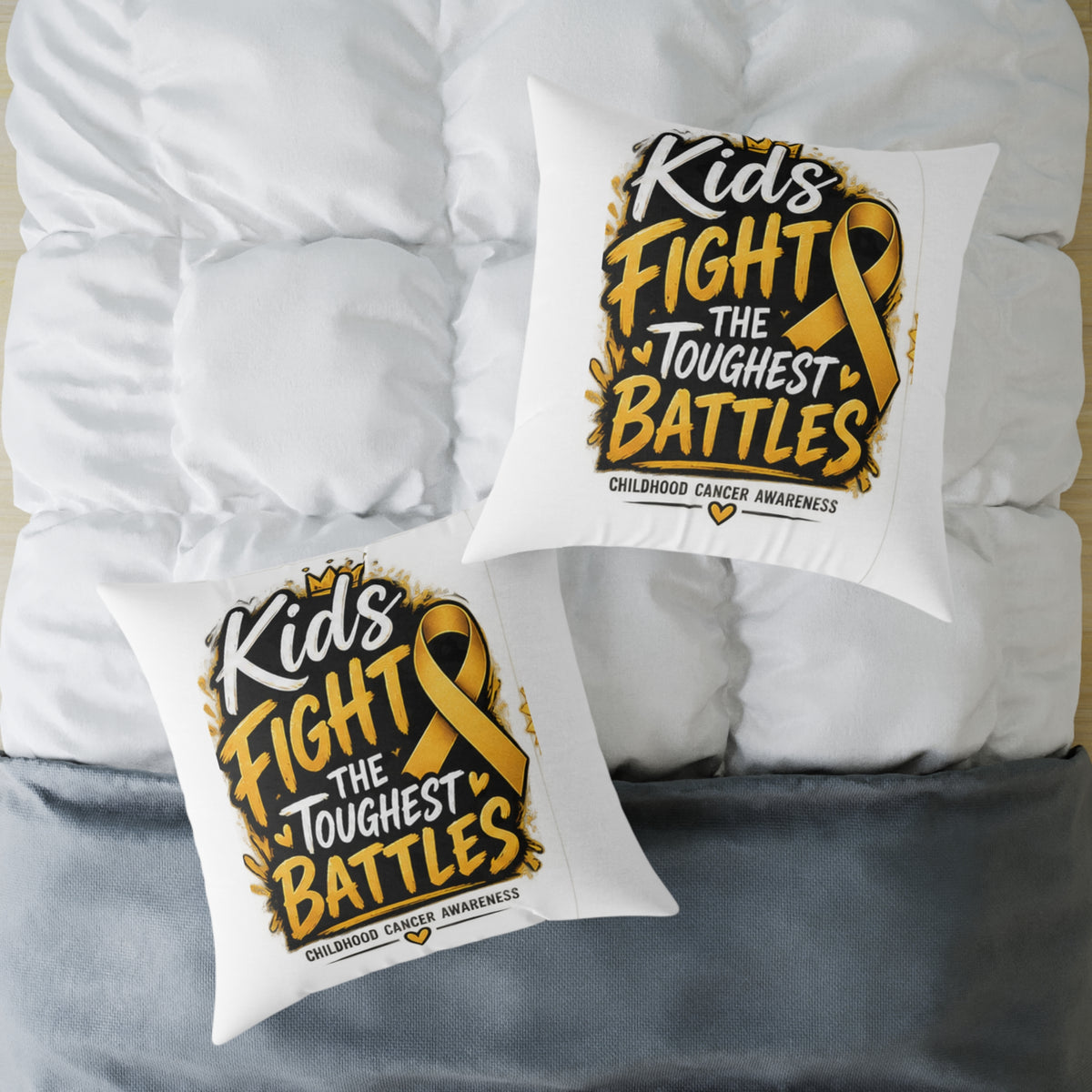 Square Throw Pillow – Kids Fight the Toughest Battles (Childhood Cancer Awareness Gold Ribbon)