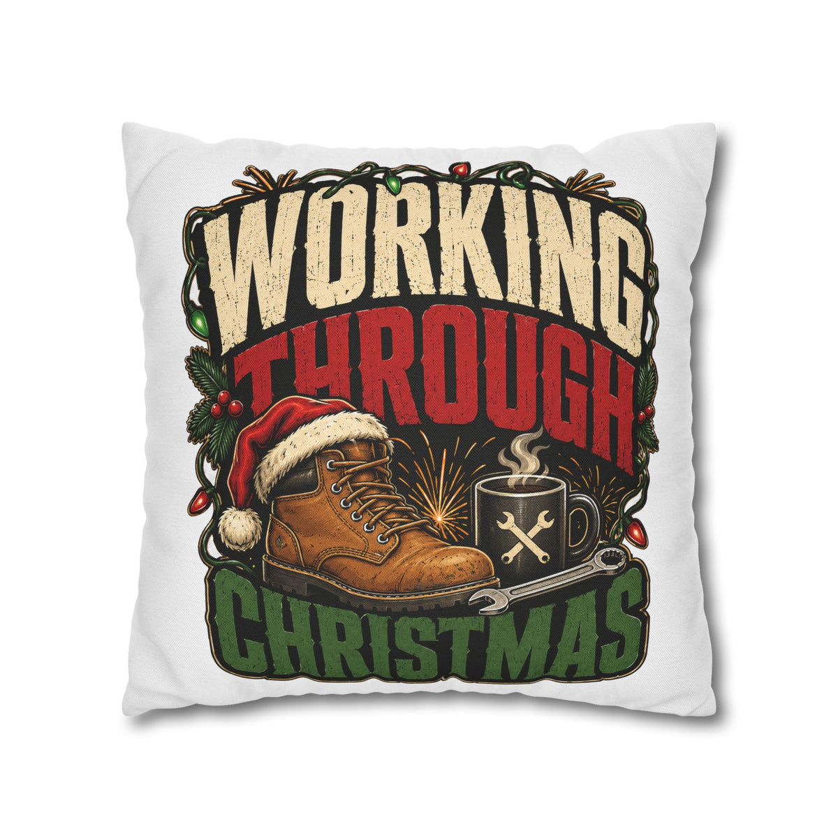 Christmas Work Boots Pillowcase Modern Day Christmas  – "Working Through Christmas" Holiday Throw Pillow Cover
