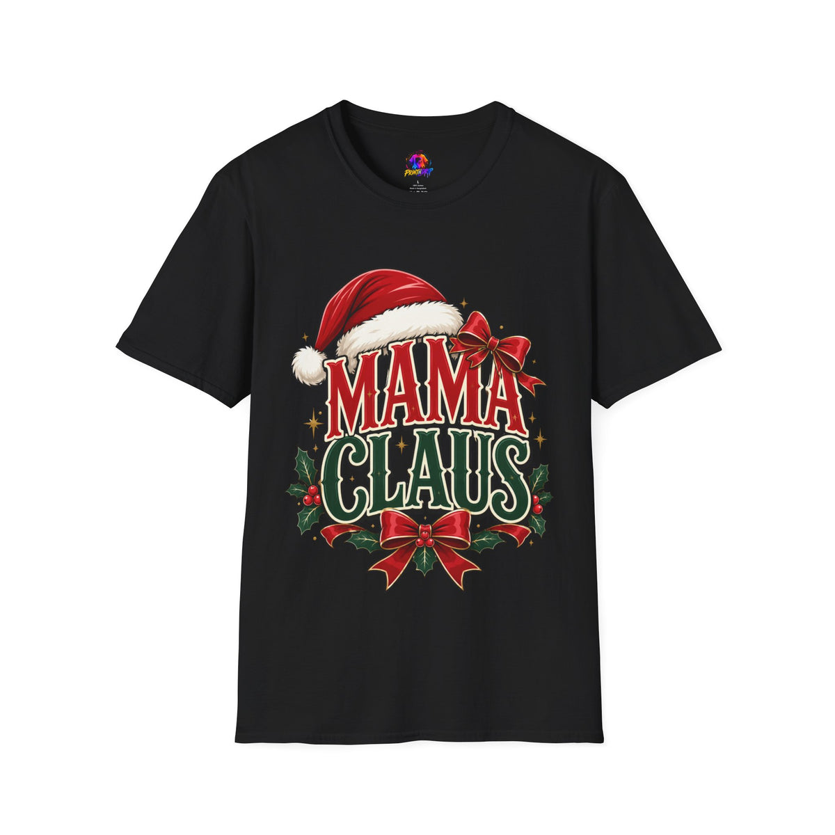 Mama Claus T-Shirt — Festive Christmas Mom Tee with Santa Hat & Bow