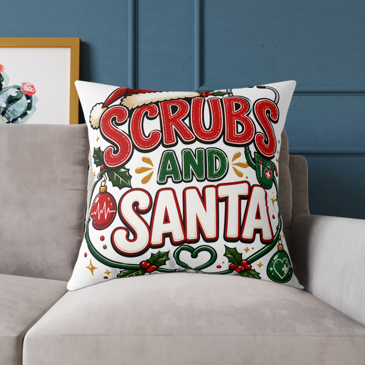 Scrubs and Santa Christmas Pillow — Holiday Nurse Throw Pillow