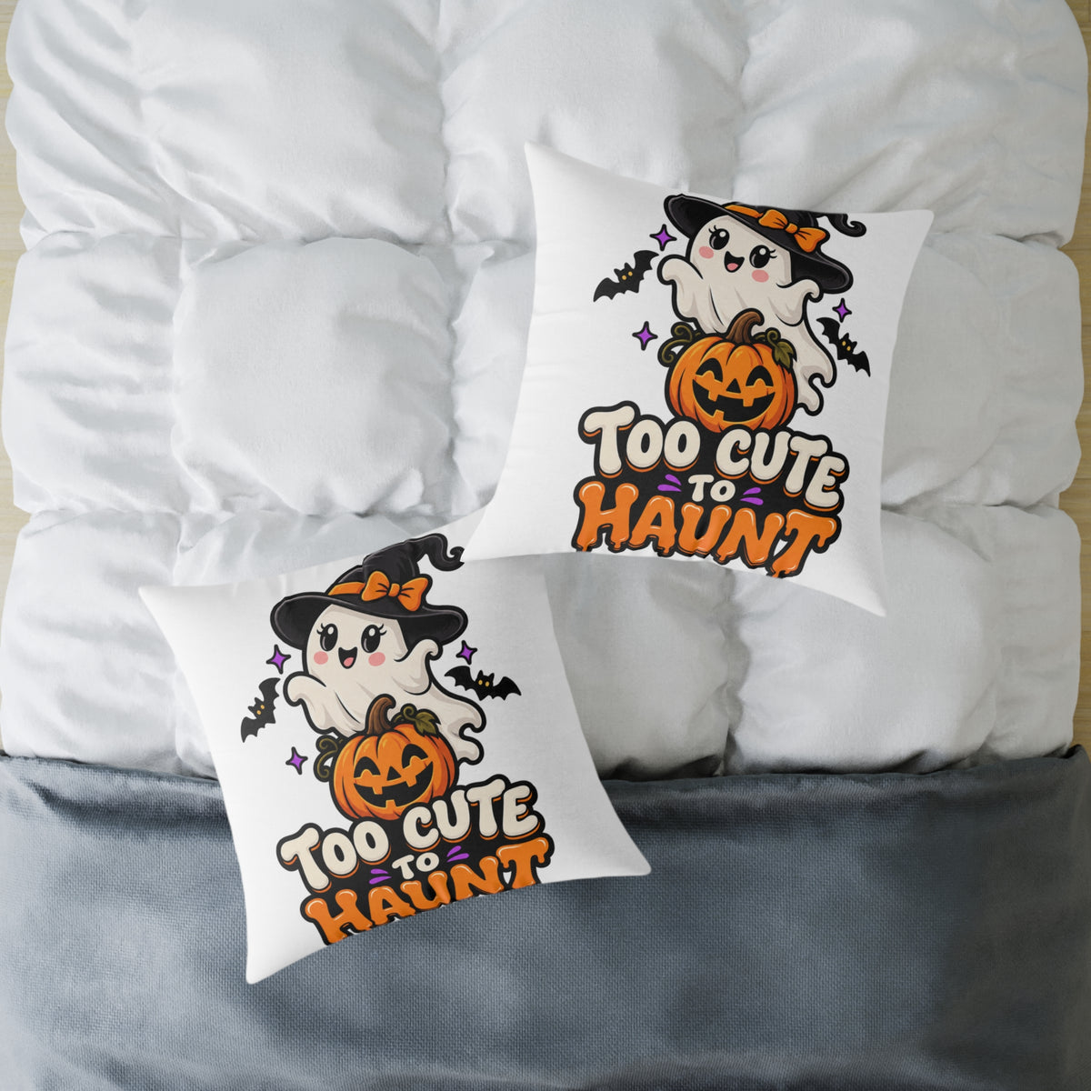 Halloween Ghost Pillow — "Too Cute to Haunt" Cute Pumpkin Decor