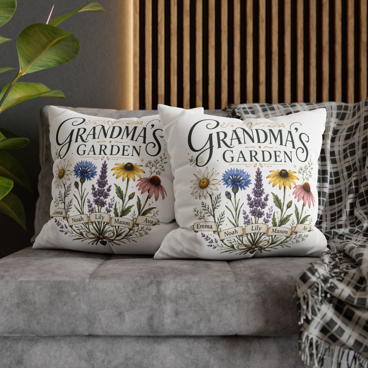 Grandma’s Garden Floral Pillowcase Milo Bailey Dog Dad Mom — Personalized Names Decorative Throw Pillow
