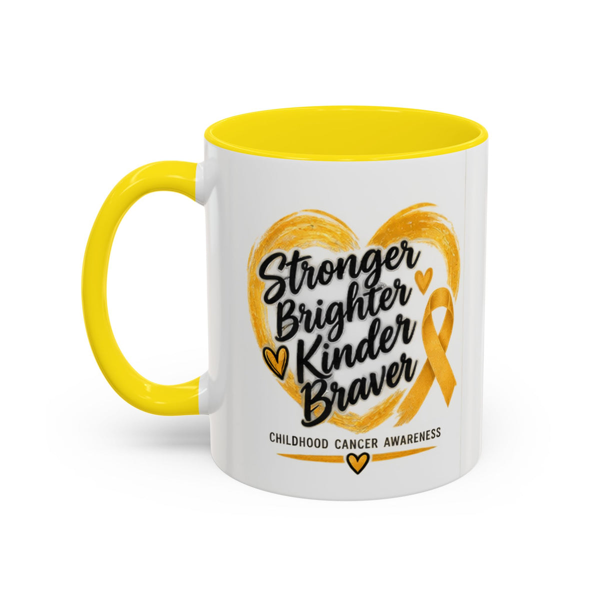 Childhood Cancer Awareness Accent Coffee Mug — "Stronger Brighter Kinder Braver"