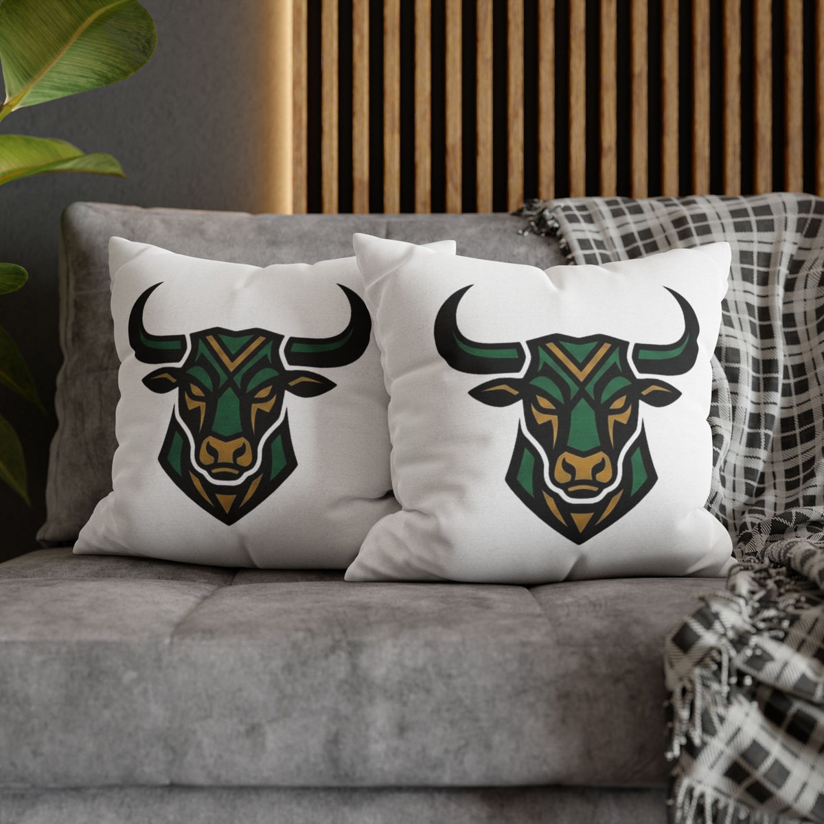 Taurus Geometric Bull Throw Pillowcase — Green Tribal Bull Accent Pillow