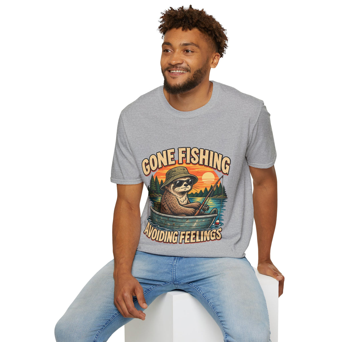 Funny And Witty T-Shirt — “Gone Fishing, Avoiding Feelings” Sloth Fishing Graphic Tee