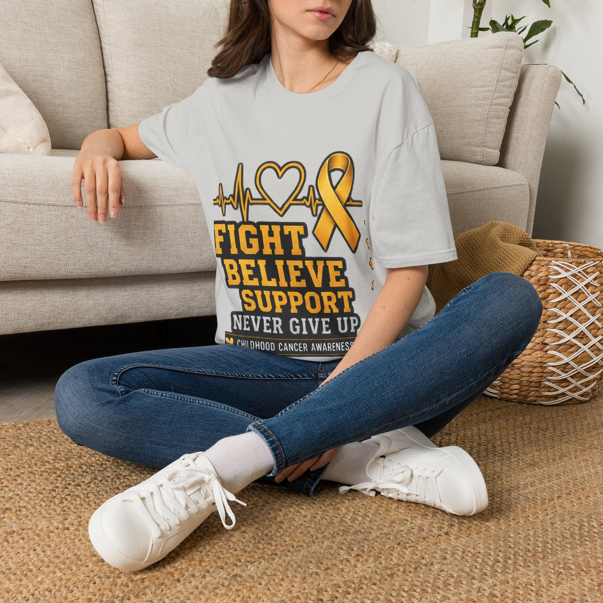 Childhood Cancer Awareness T-Shirt – "Fight Believe Support Never Give Up" Gold Ribbon Tee