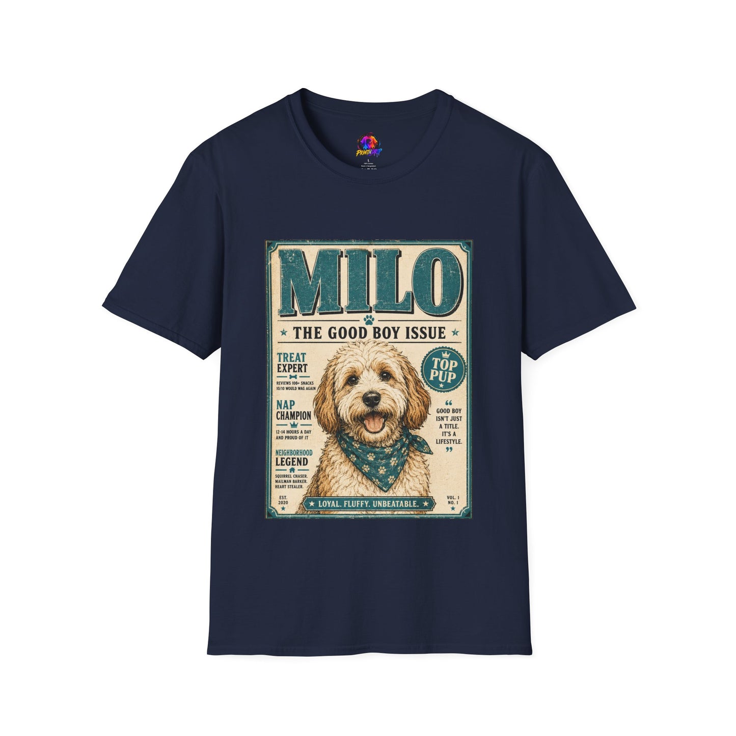 Milo 'The Good Boy Issue' Dog T‑Shirt — Vintage Puppy Magazine Design